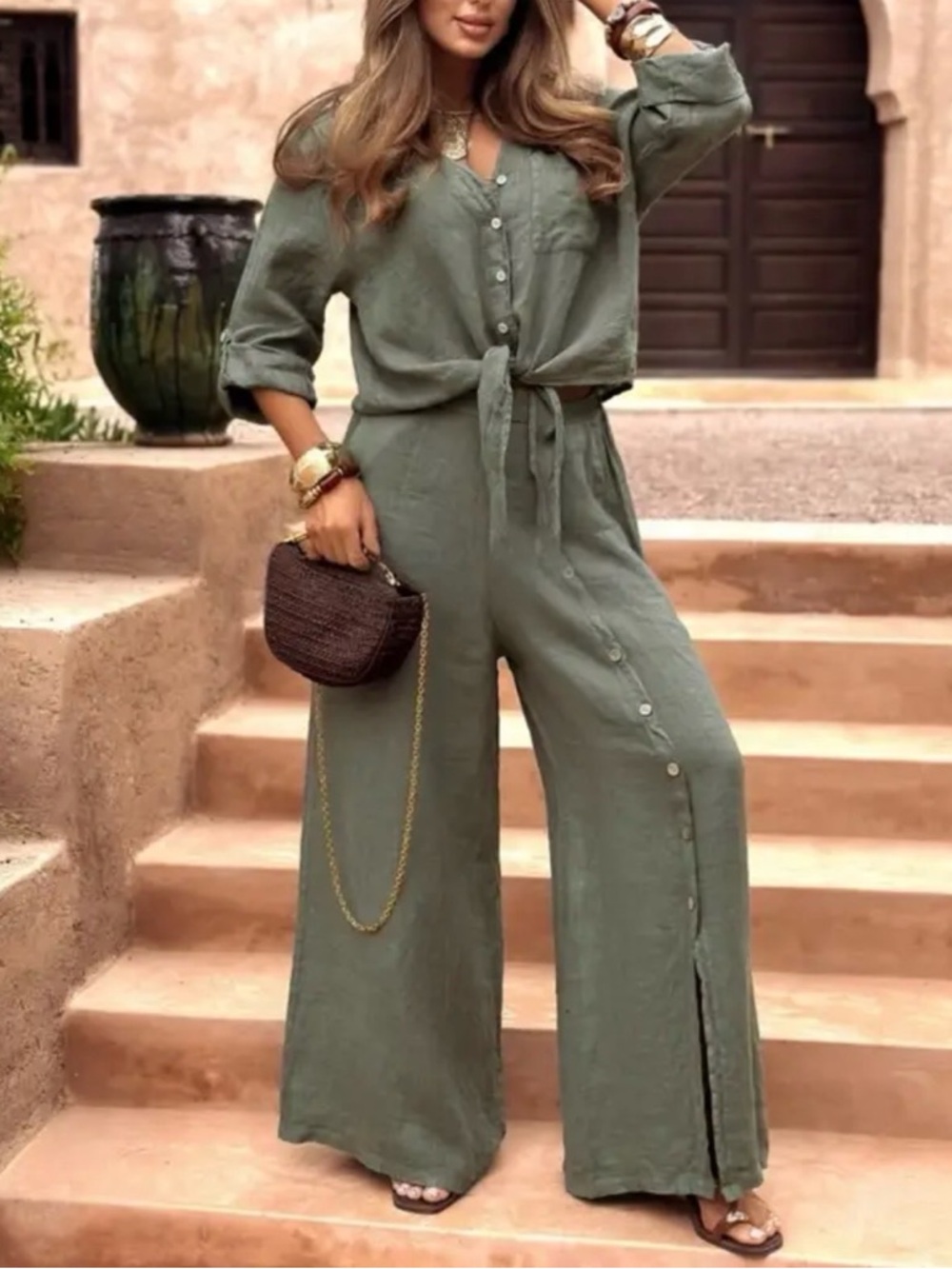 Women's Olive Wide-Leg Button-Front Jumpsuit